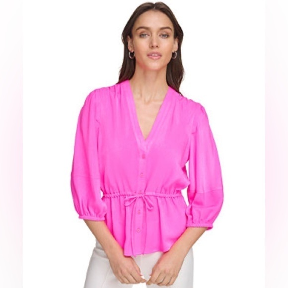 DKNY Women's Satin 3/4-Sleeve Peplum Top Hot Pink Soft Bloused Waist Size Large - Picture 4 of 10
